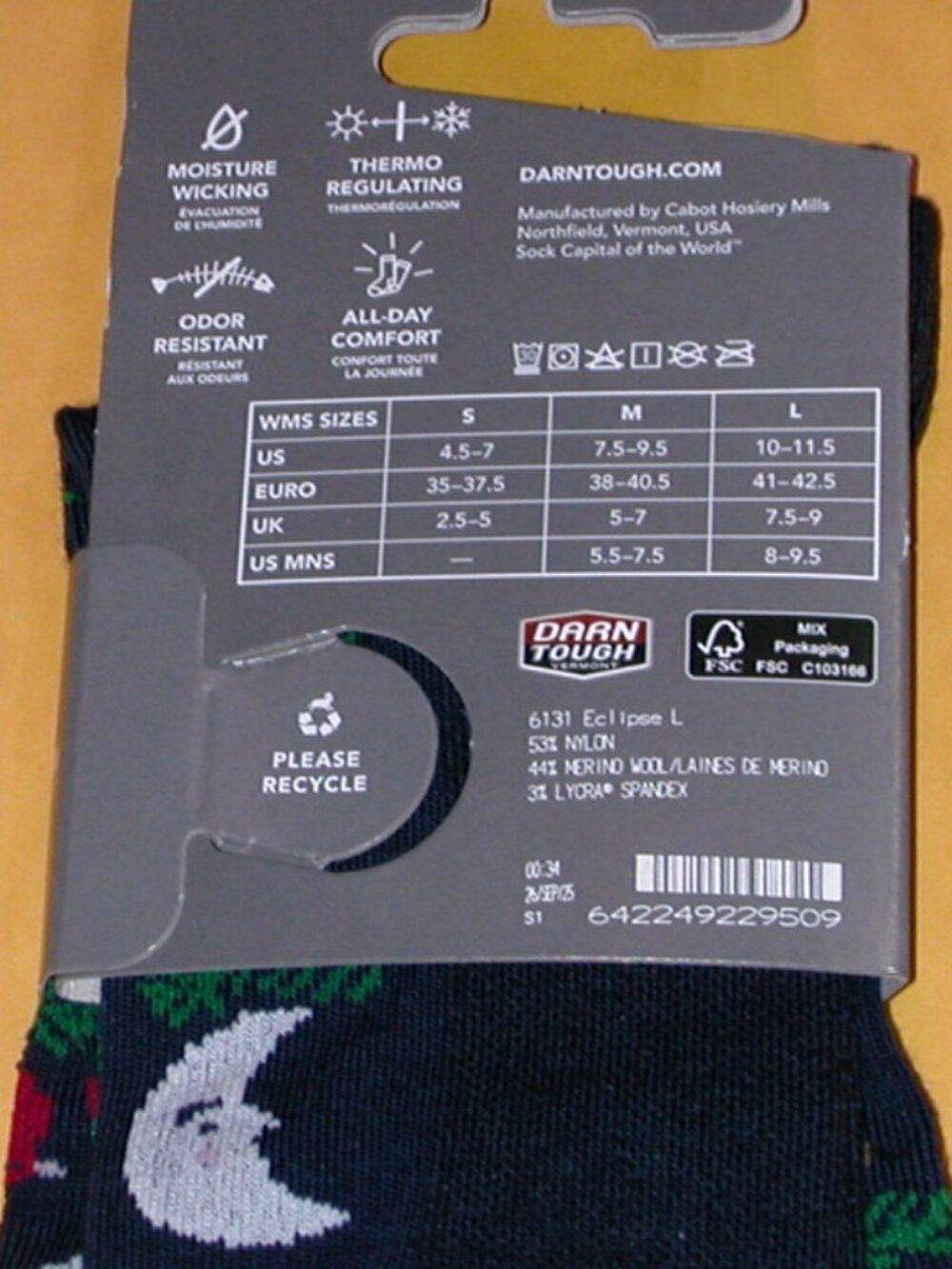 Darn Tough Tinsel Town Crew Light Cushion Socks Women's Large Eclipse Color NWT - Picture 6 of 6